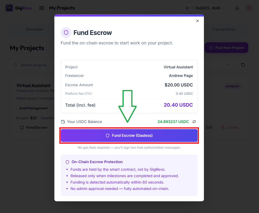 Fund Escrow modal with amount and fee breakdown