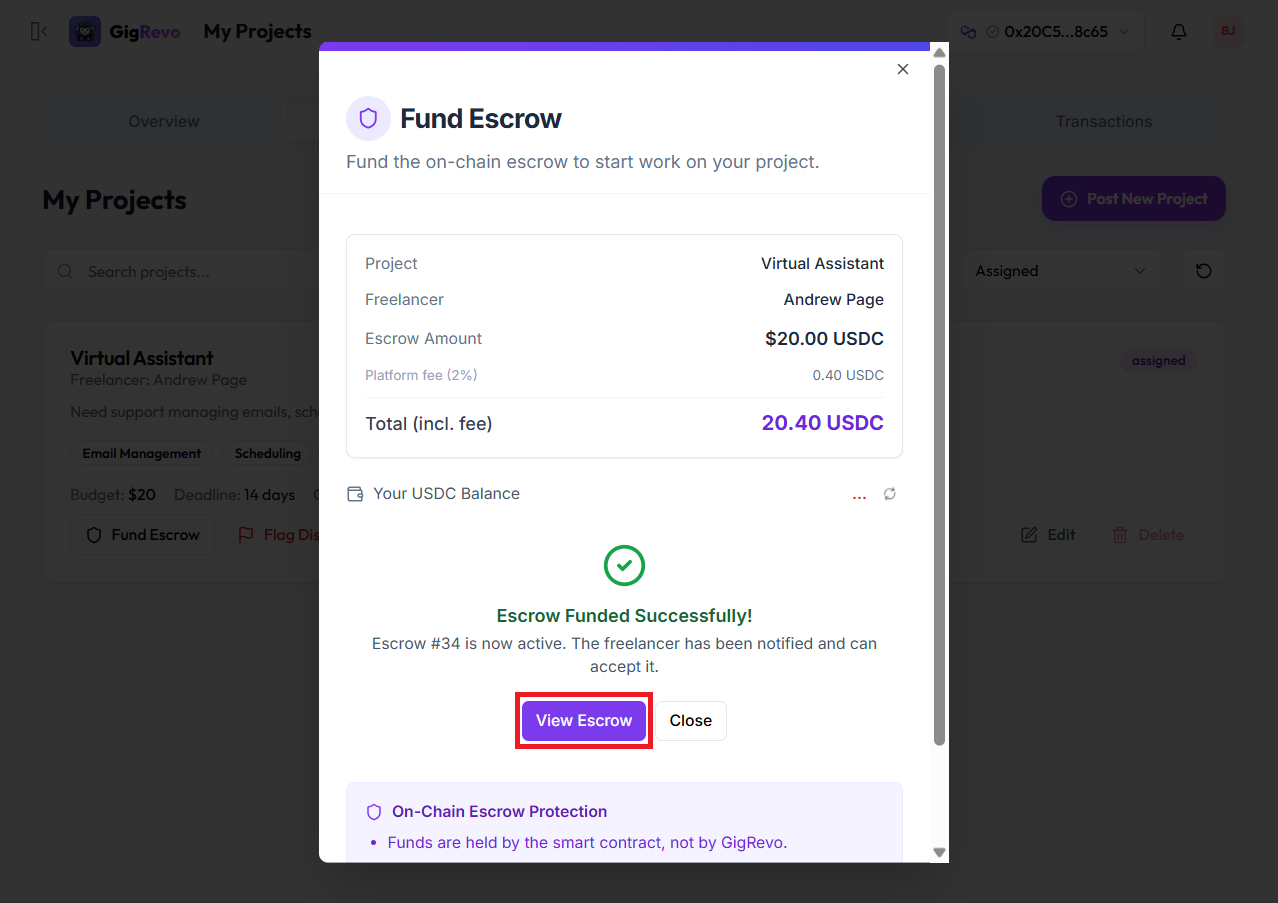 Escrow Funded Successfully confirmation