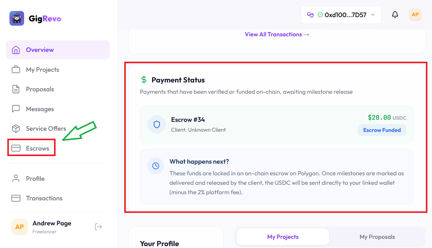 Freelancer dashboard showing escrow