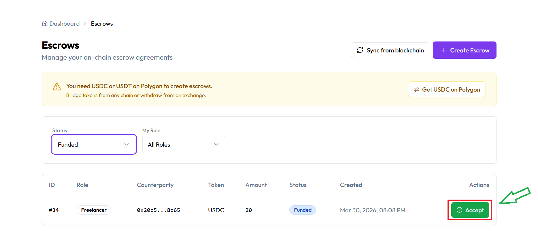 Freelancer Escrows list with Accept button