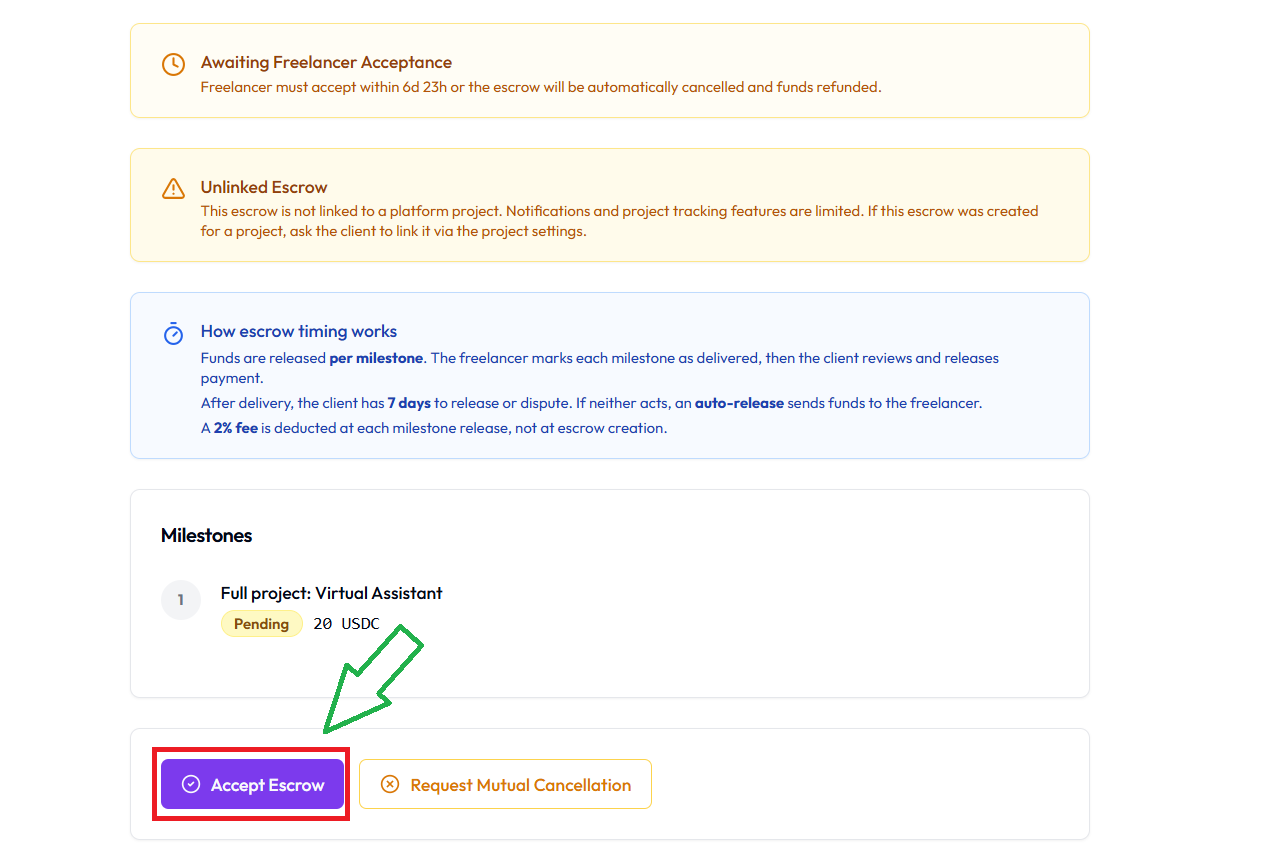 Escrow detail with Accept Escrow button
