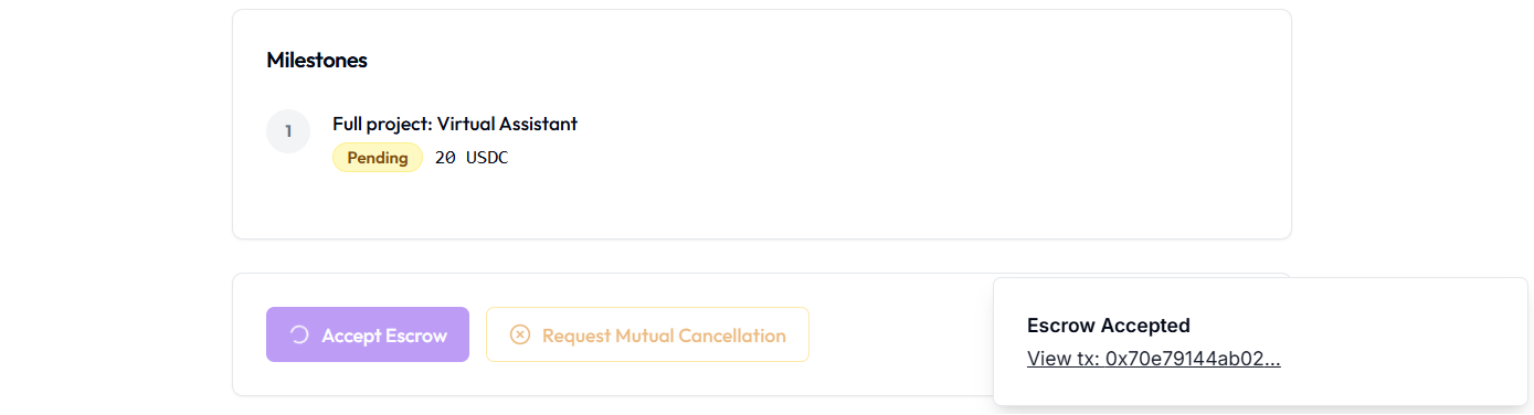 Escrow Accepted confirmation