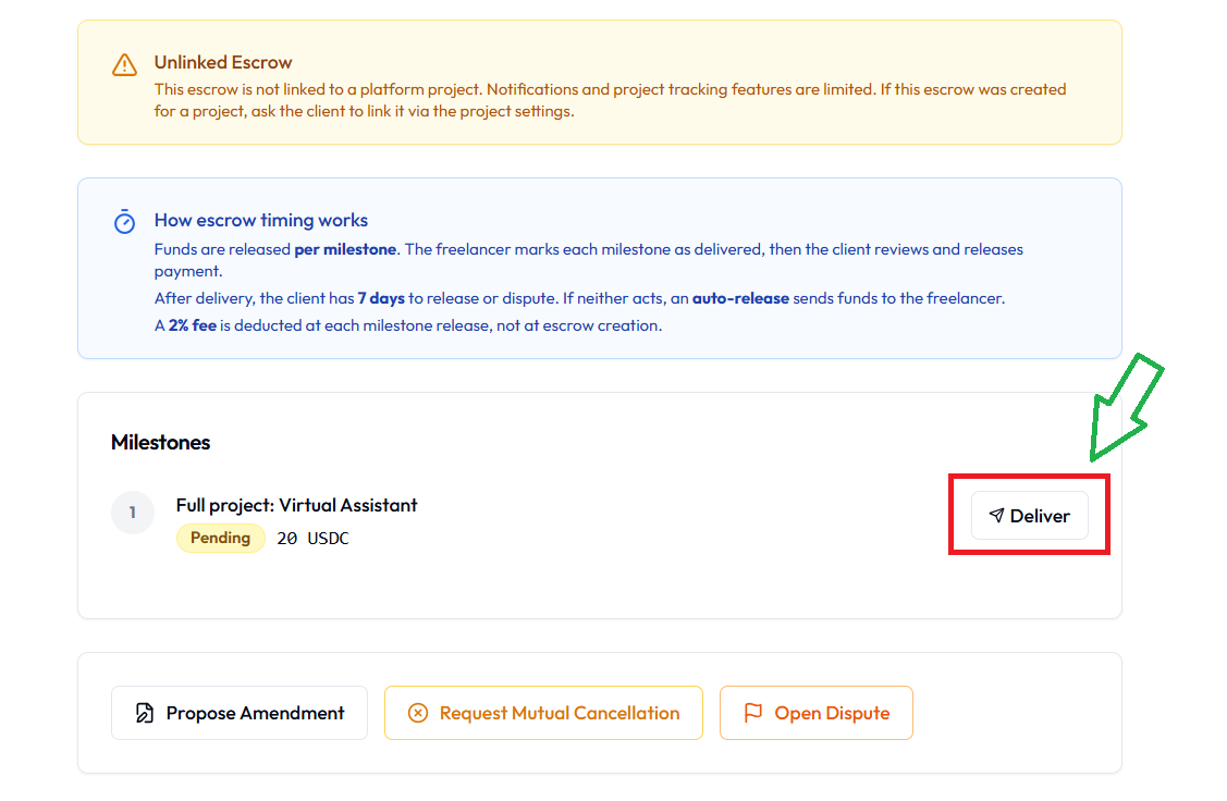 Freelancer escrow with Deliver button