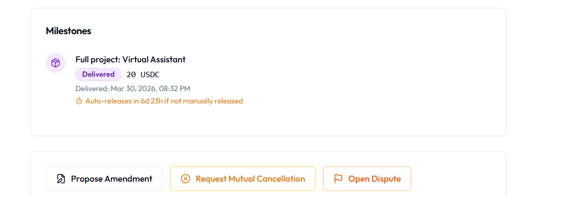 Milestone status Delivered with auto-release countdown