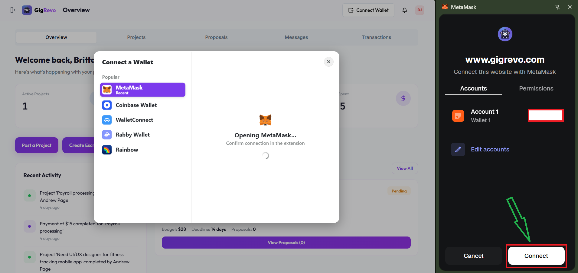 Wallet selection modal and MetaMask connection