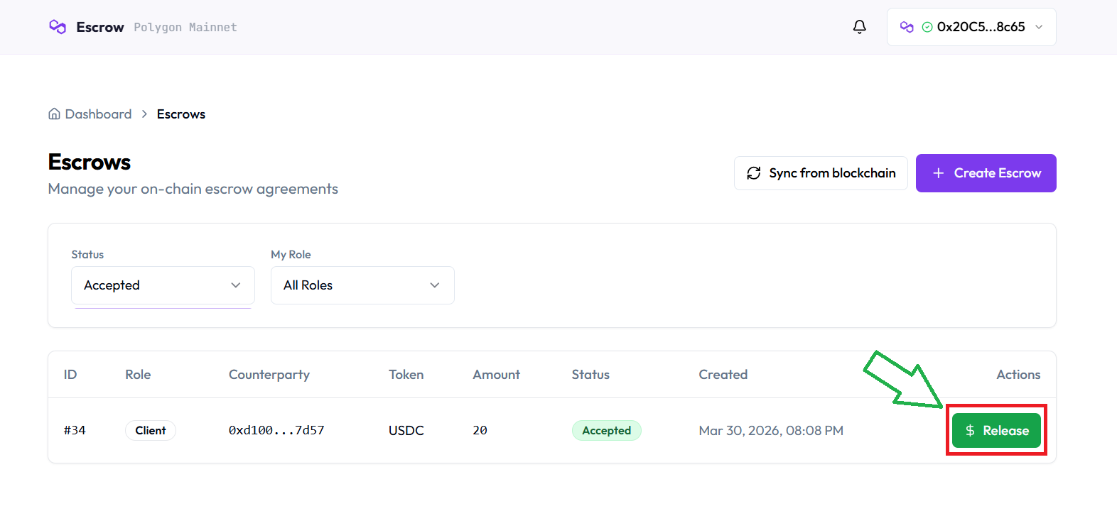 Client Escrows with Release button