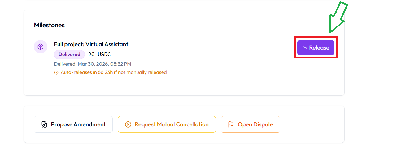 Escrow detail with Release button on milestone