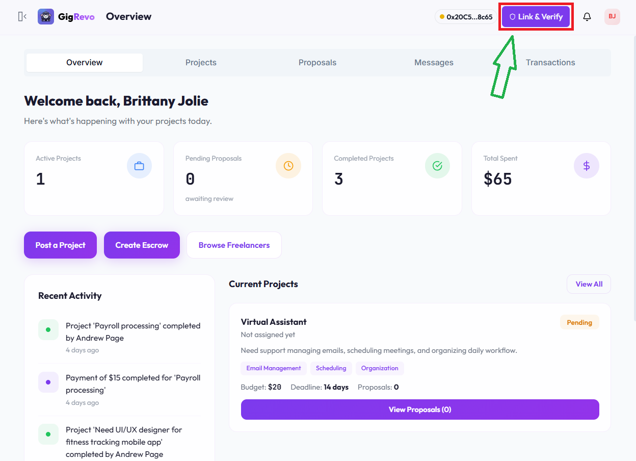 Dashboard showing Link & Verify button