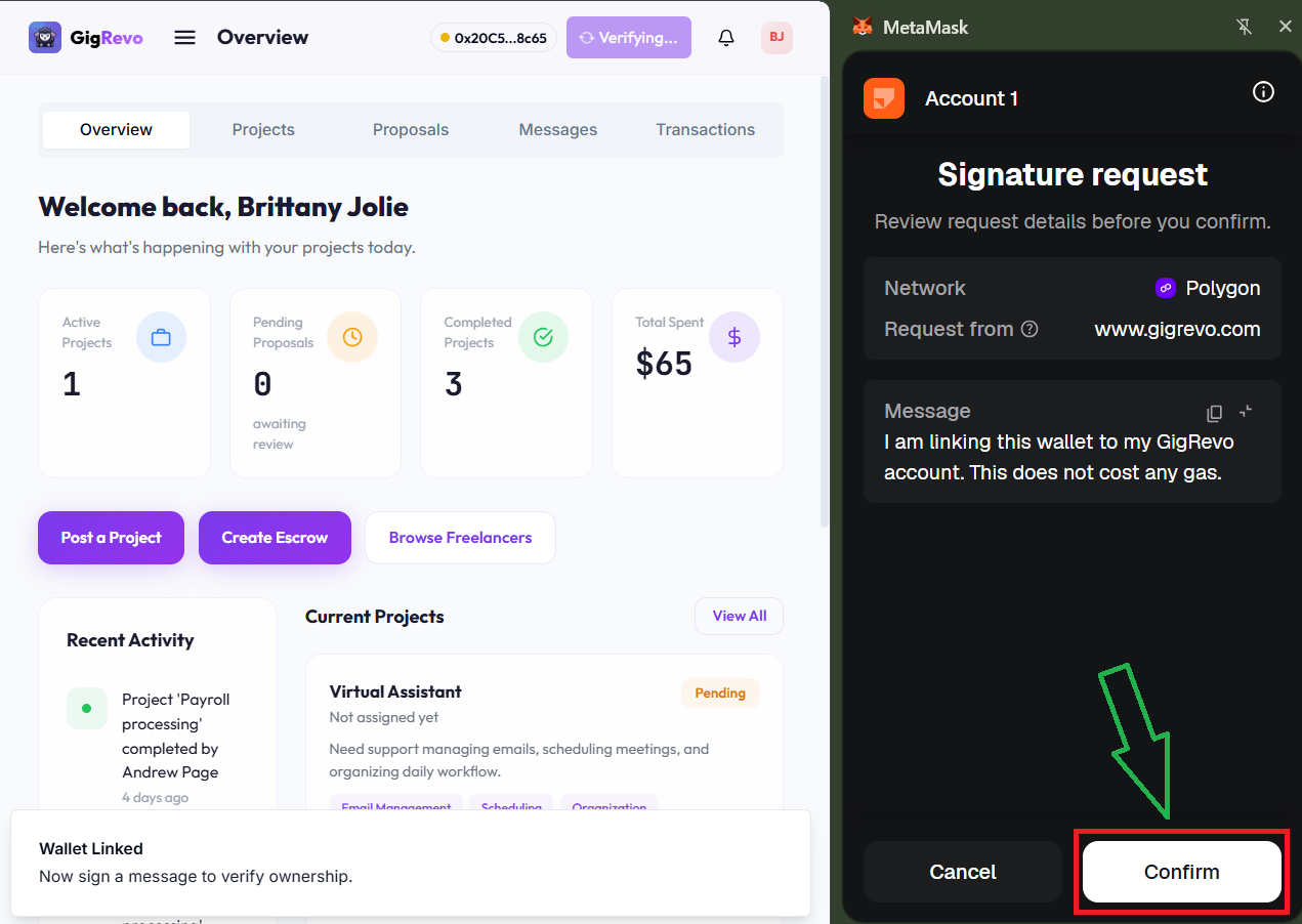 MetaMask signature request for verification