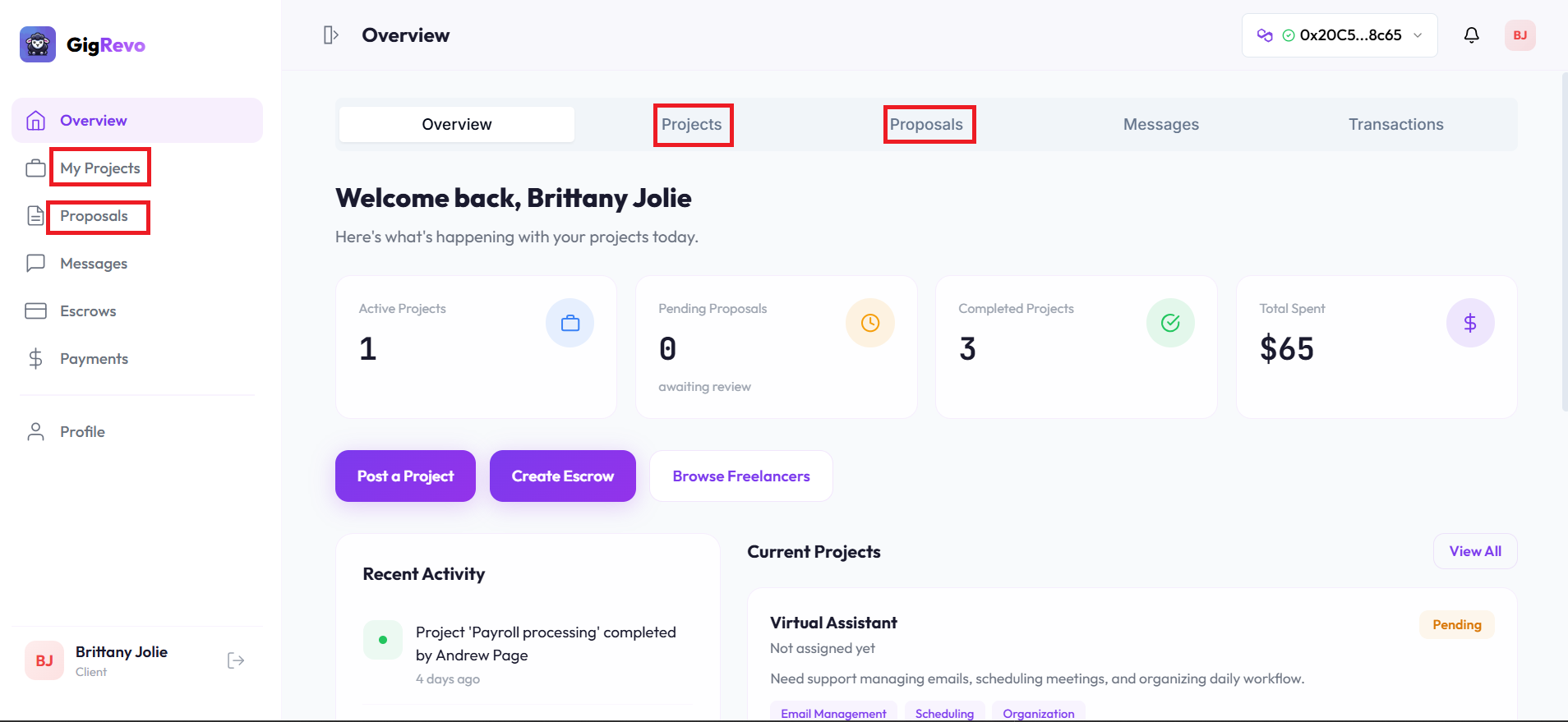 Dashboard with Projects and Proposals tabs