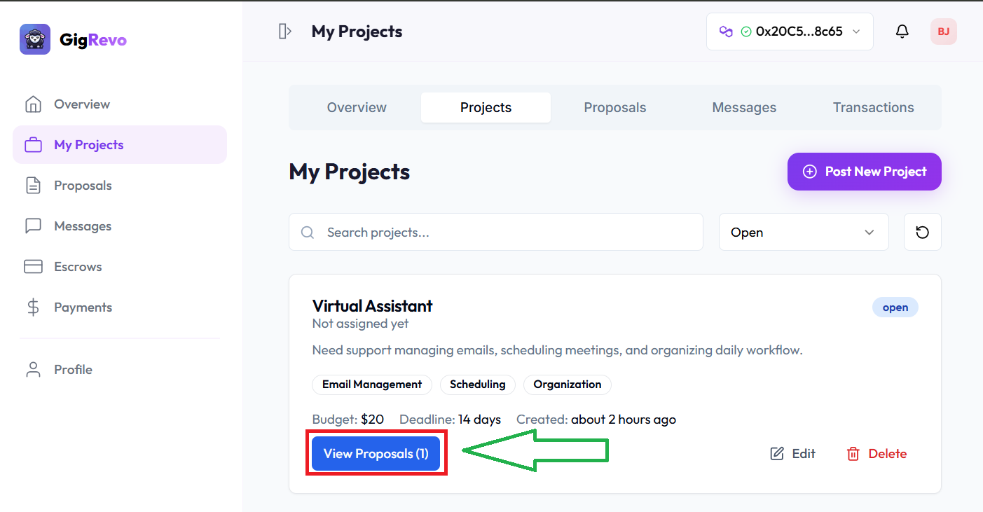 My Projects with View Proposals button