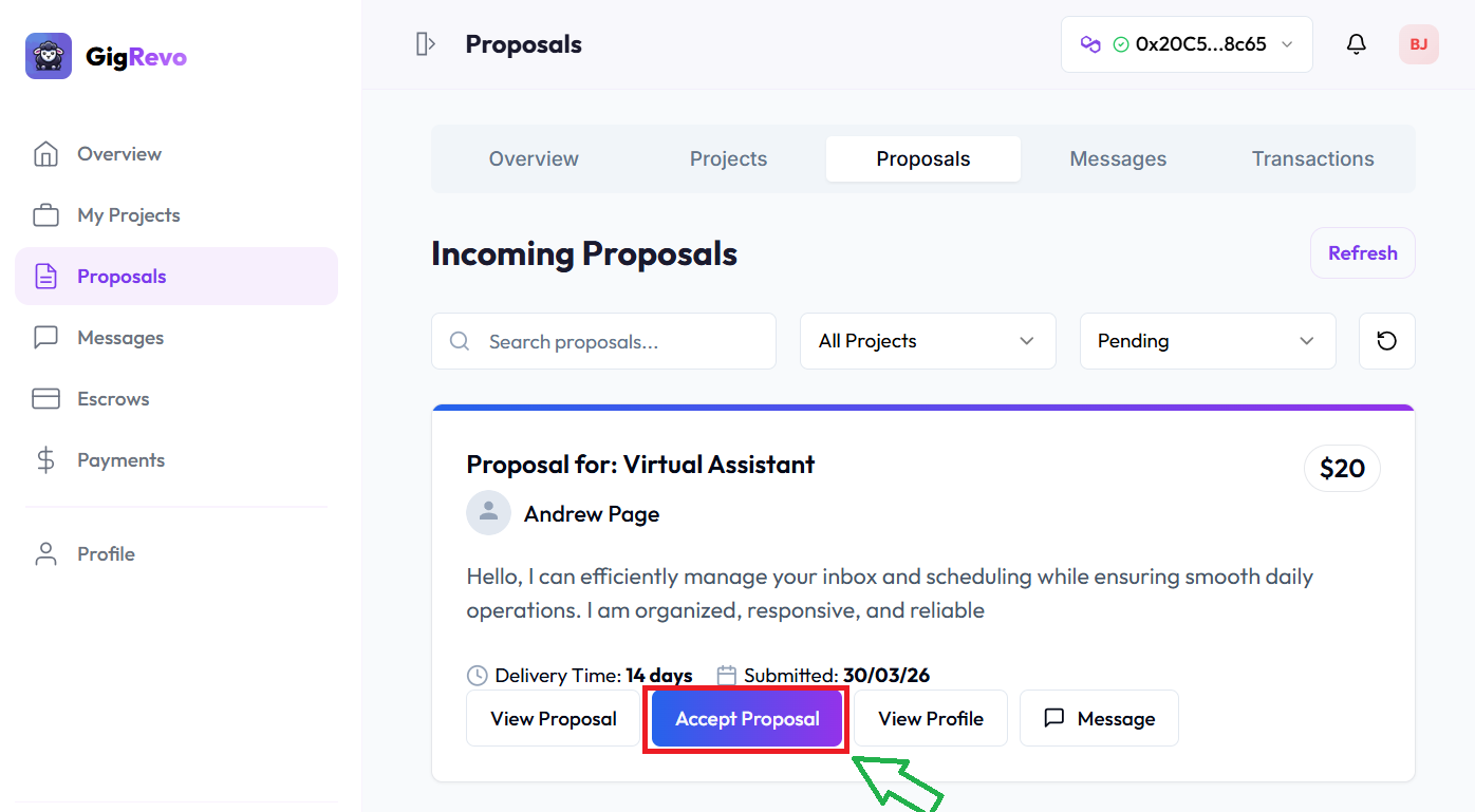 Incoming proposals with Accept button