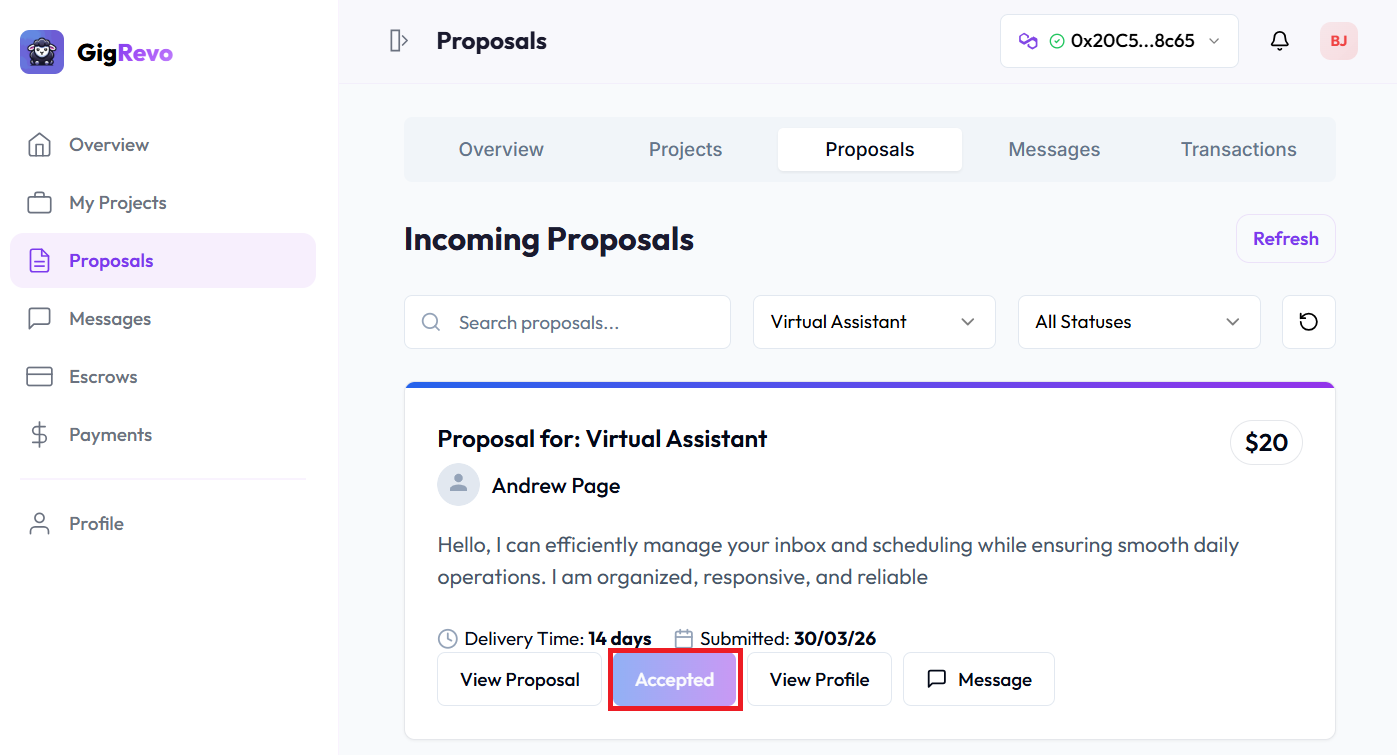 Proposal showing Accepted status