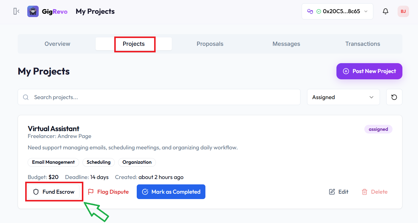 My Projects with Fund Escrow button